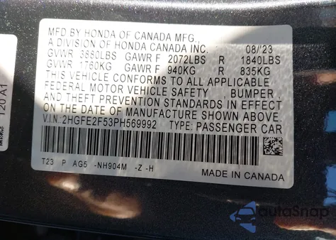 2023 Honda Civic Sport from USA, damaged, VIN 2HGFE2F53PH569992